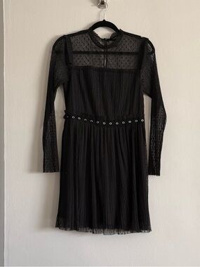 Forever 21 Black Pleated Swiss Dot Long-Sleeve Dress with Eyelet Waist